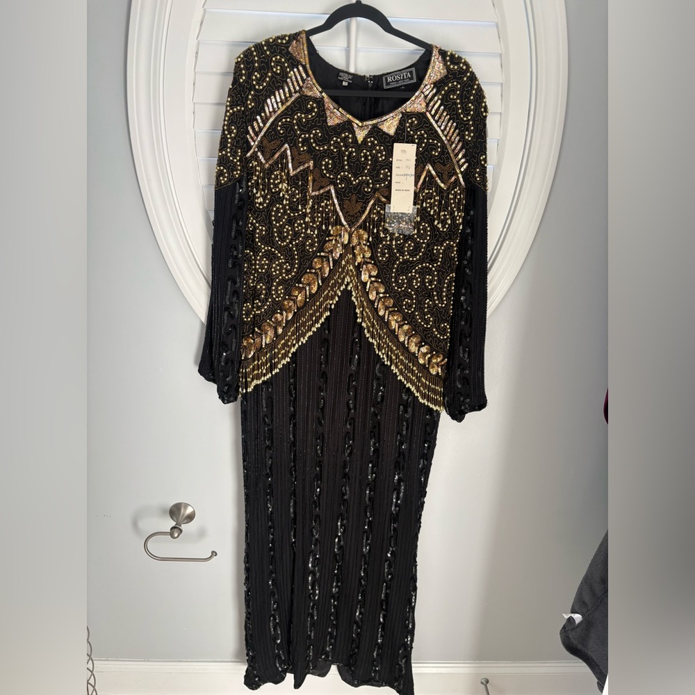 Rosita vintage black silk fully beaded and sequined long-sleeve evening gown 3X